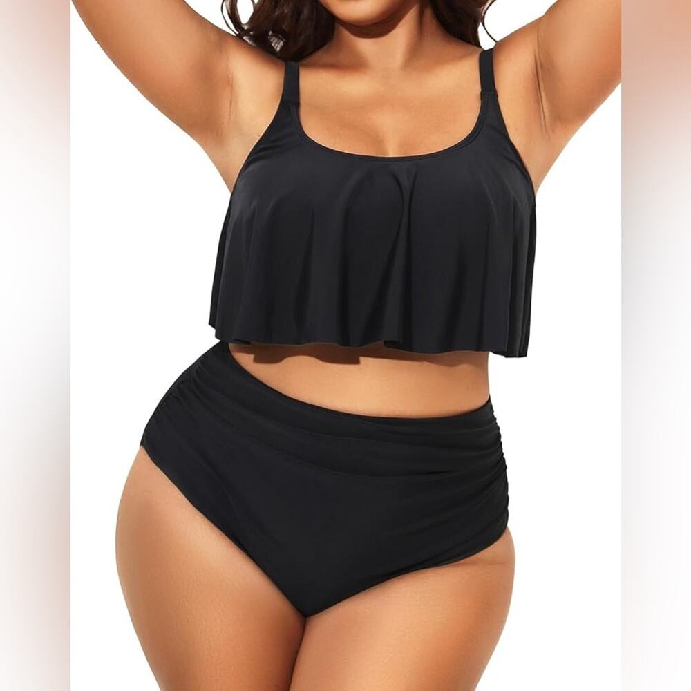 Aqua Eve Tankini Womens Size 24W Black Ruffles Tankini Bathing Suit Swim Beach